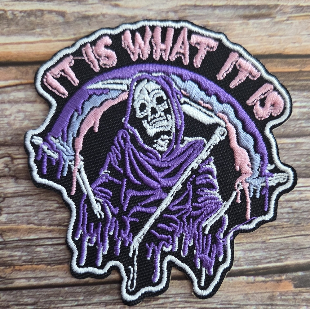 It Is What It Is.  Purple Grim Reaper Death Occult Biker  Skull Iron on Patch